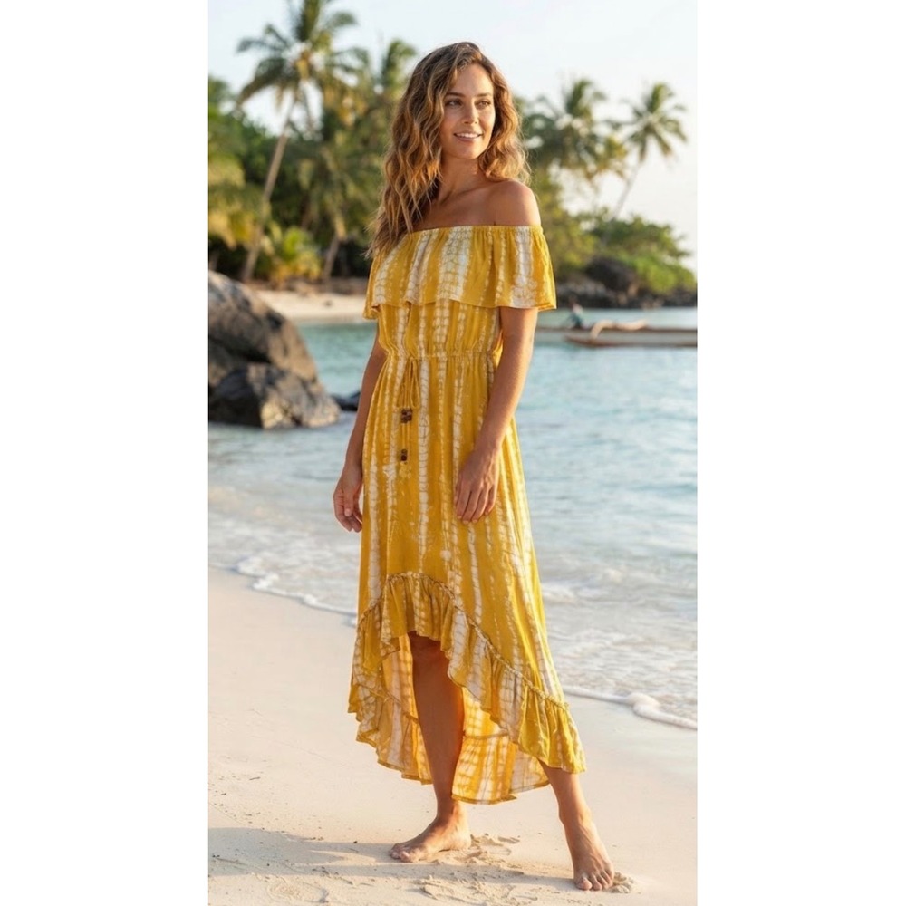Blue Island Yellow Tie Dye Off Shoulder High Low Maxi Dress Small Boho Ruffle